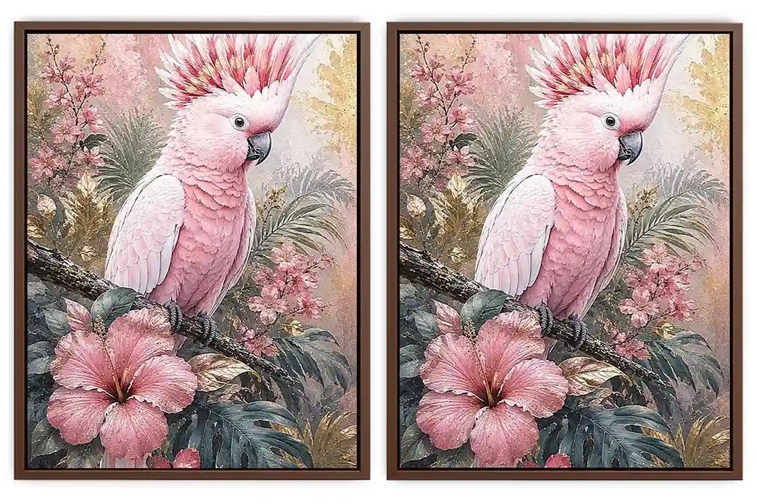 Pink cockatoo tropical floral diptych wall art with hibiscus flowers, palm leaves and soft pastel botanical details.