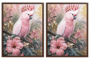 Pink cockatoo tropical floral diptych wall art with hibiscus flowers, palm leaves and soft pastel botanical details.