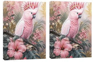 Pink cockatoo tropical floral diptych wall art with hibiscus flowers, palm leaves and soft pastel botanical details.
