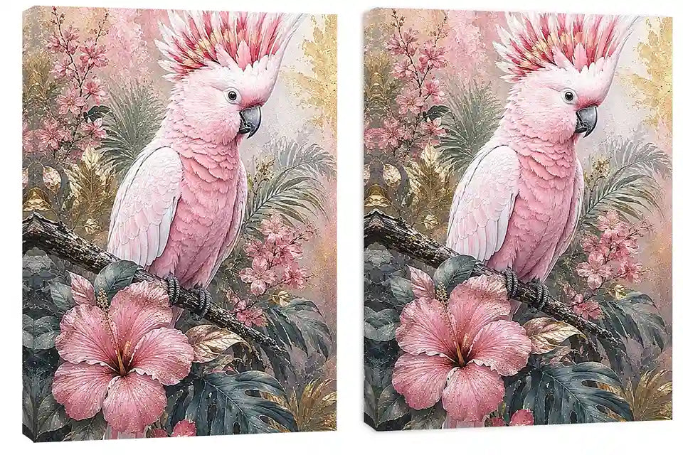 Pink cockatoo tropical floral diptych wall art with hibiscus flowers, palm leaves and soft pastel botanical details.