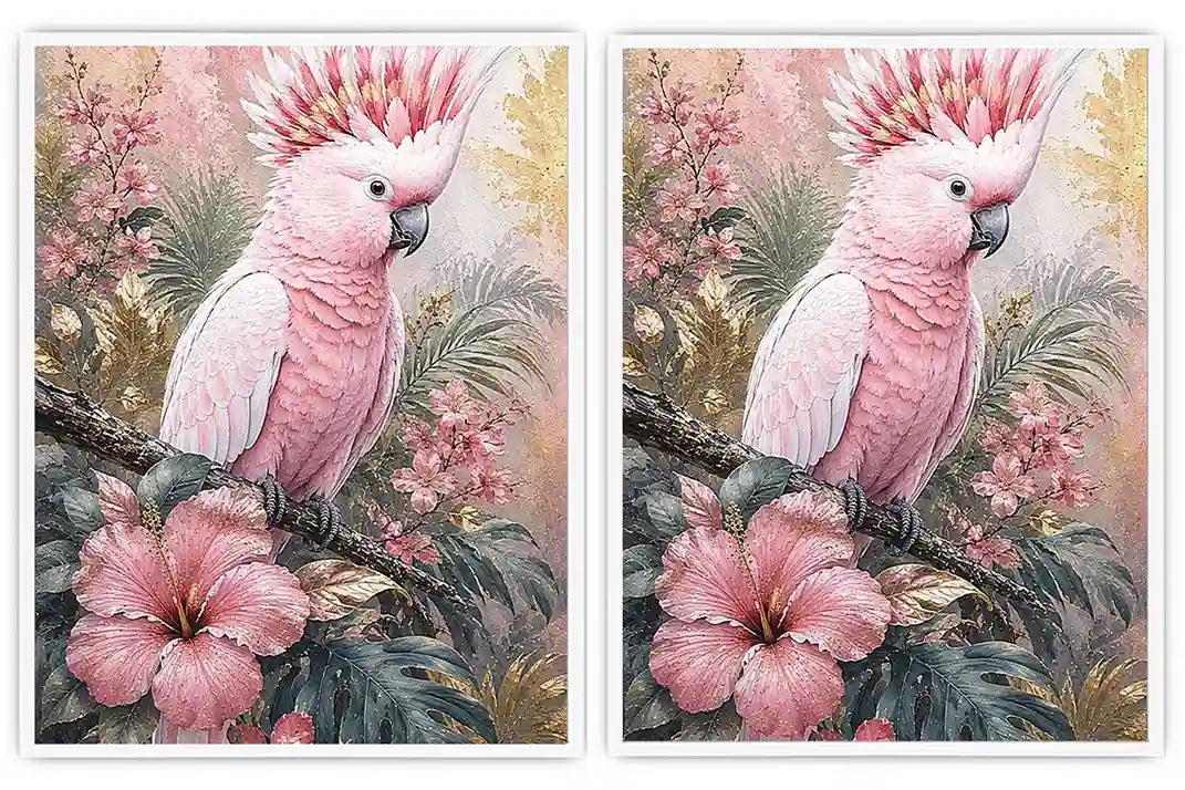 Pink cockatoo tropical floral diptych wall art with hibiscus flowers, palm leaves and soft pastel botanical details.
