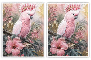 Pink cockatoo tropical floral diptych wall art with hibiscus flowers, palm leaves and soft pastel botanical details.