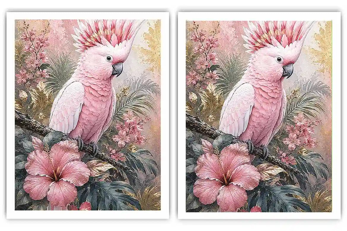 Pink cockatoo tropical floral diptych wall art with hibiscus flowers, palm leaves and soft pastel botanical details.