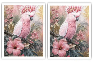Pink cockatoo tropical floral diptych wall art with hibiscus flowers, palm leaves and soft pastel botanical details.