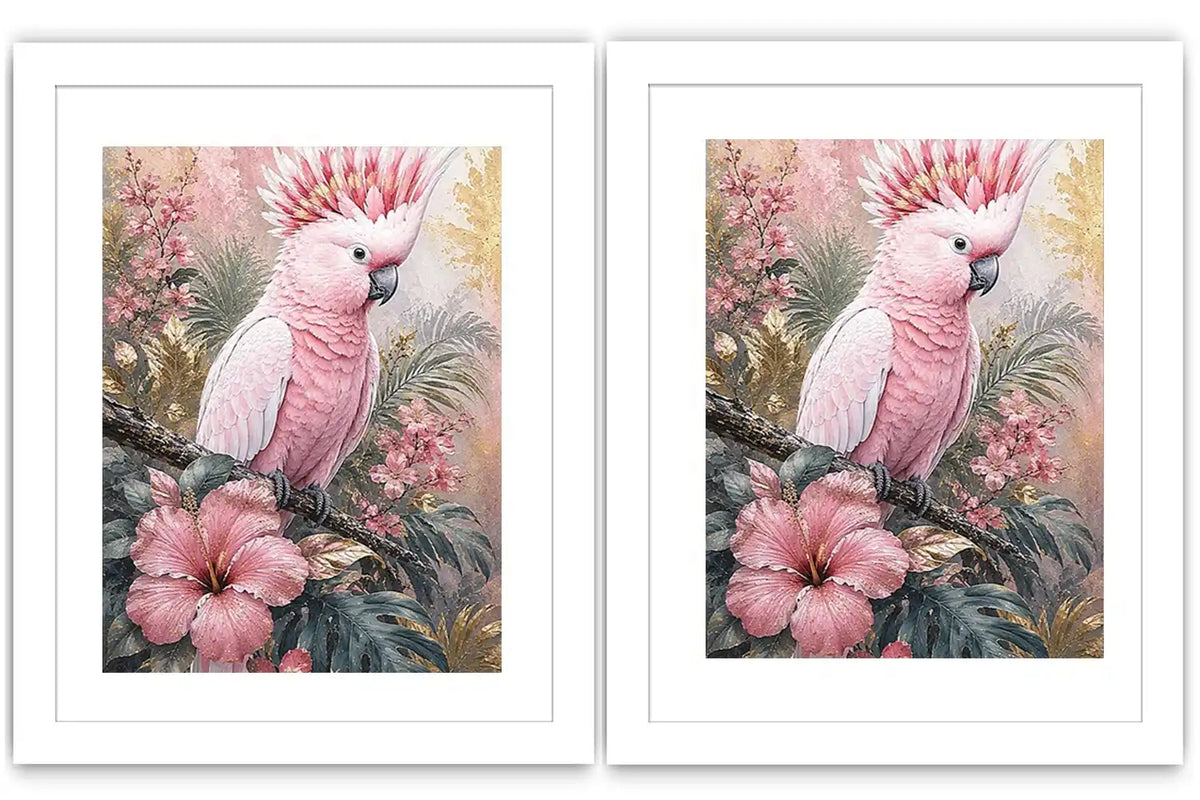 Pink cockatoo tropical floral diptych wall art with hibiscus flowers, palm leaves and soft pastel botanical details.