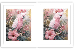 Pink cockatoo tropical floral diptych wall art with hibiscus flowers, palm leaves and soft pastel botanical details.