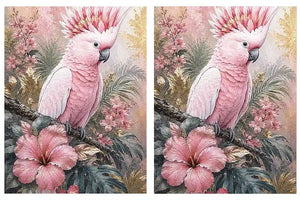 Pink cockatoo tropical floral diptych wall art with hibiscus flowers, palm leaves and soft pastel botanical details.