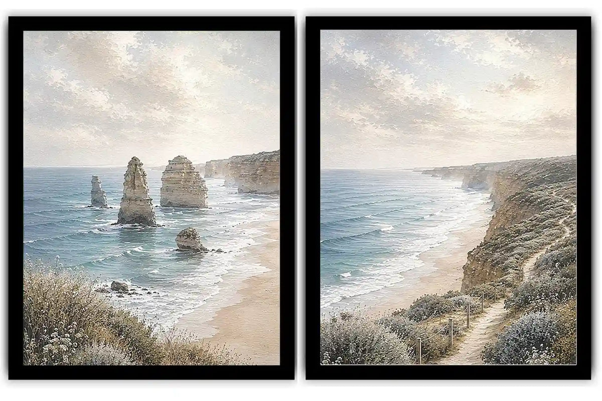 Soft coastal limestone stack canvas art for relaxed living room decor.