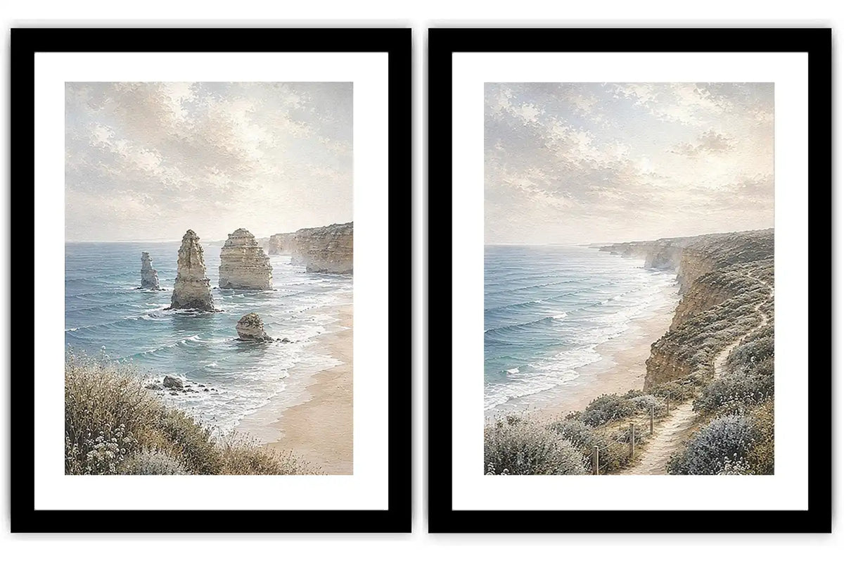 Soft coastal limestone stack canvas art for relaxed living room decor.