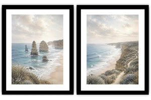 Soft coastal limestone stack canvas art for relaxed living room decor.