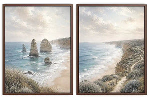 Soft coastal limestone stack canvas art for relaxed living room decor.