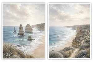 Soft coastal limestone stack canvas art for relaxed living room decor.