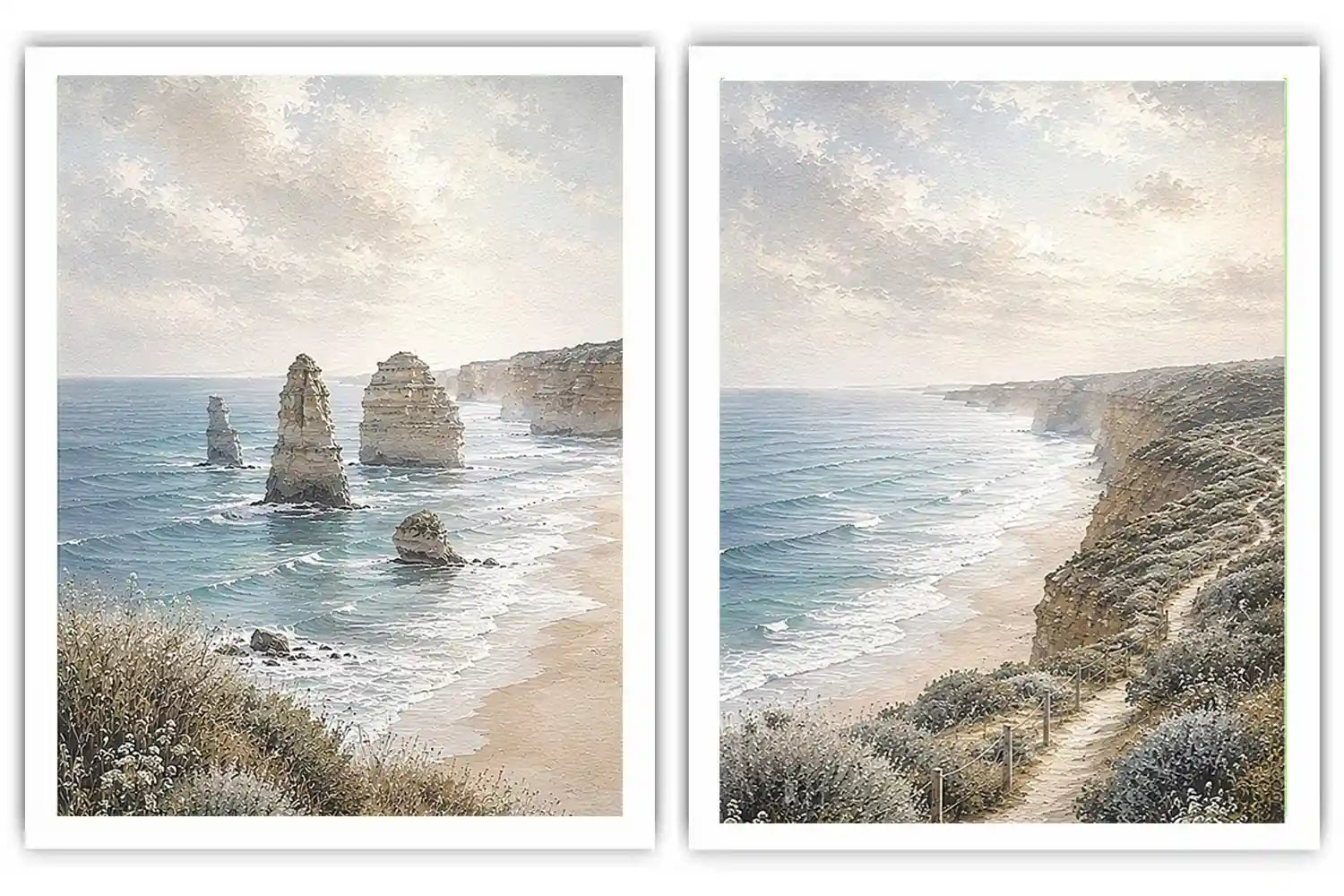 Soft coastal limestone stack canvas art for relaxed living room decor.