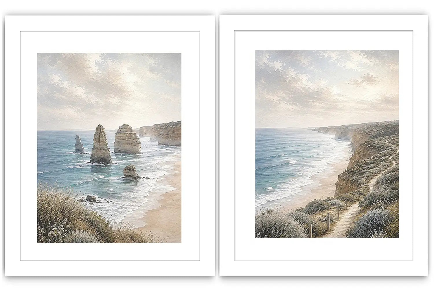 Soft coastal limestone stack canvas art for relaxed living room decor.