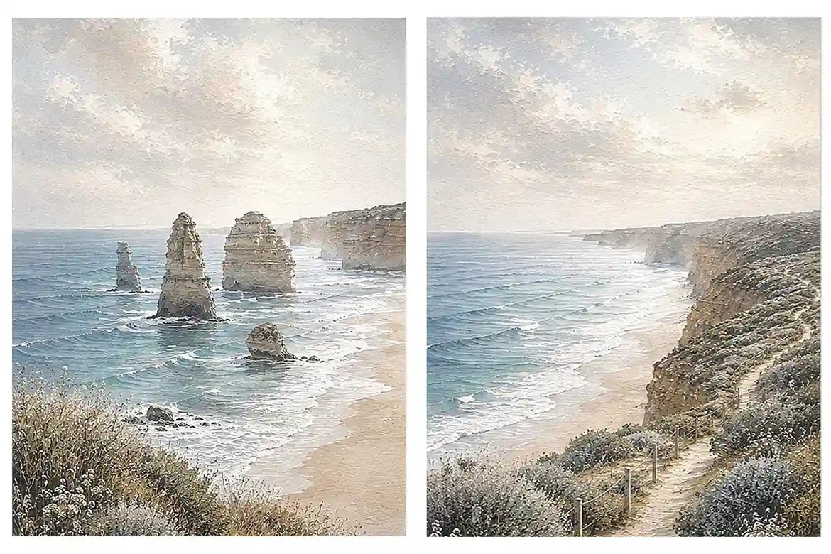 Soft coastal limestone stack canvas art for relaxed living room decor.