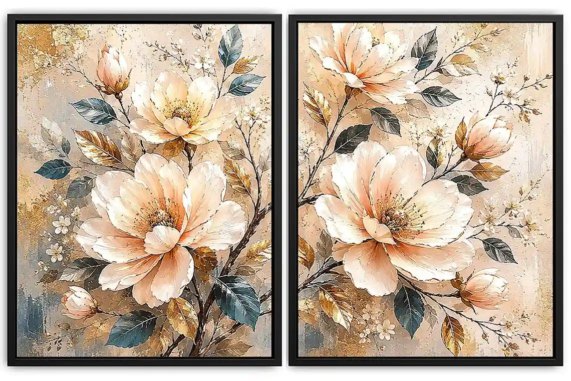 Champagne floral diptych canvas art with botanical leaves for luxury living room decor