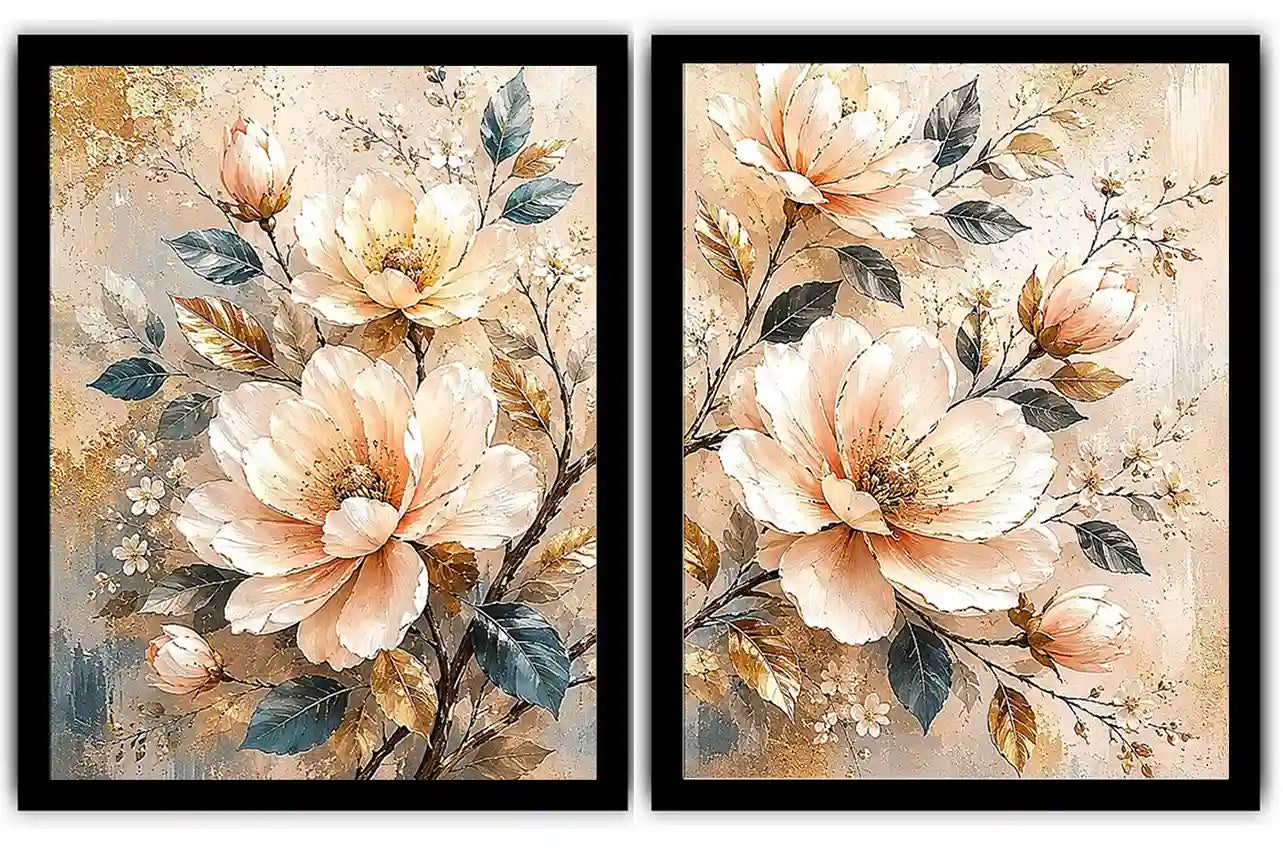 Champagne floral diptych canvas art with botanical leaves for luxury living room decor