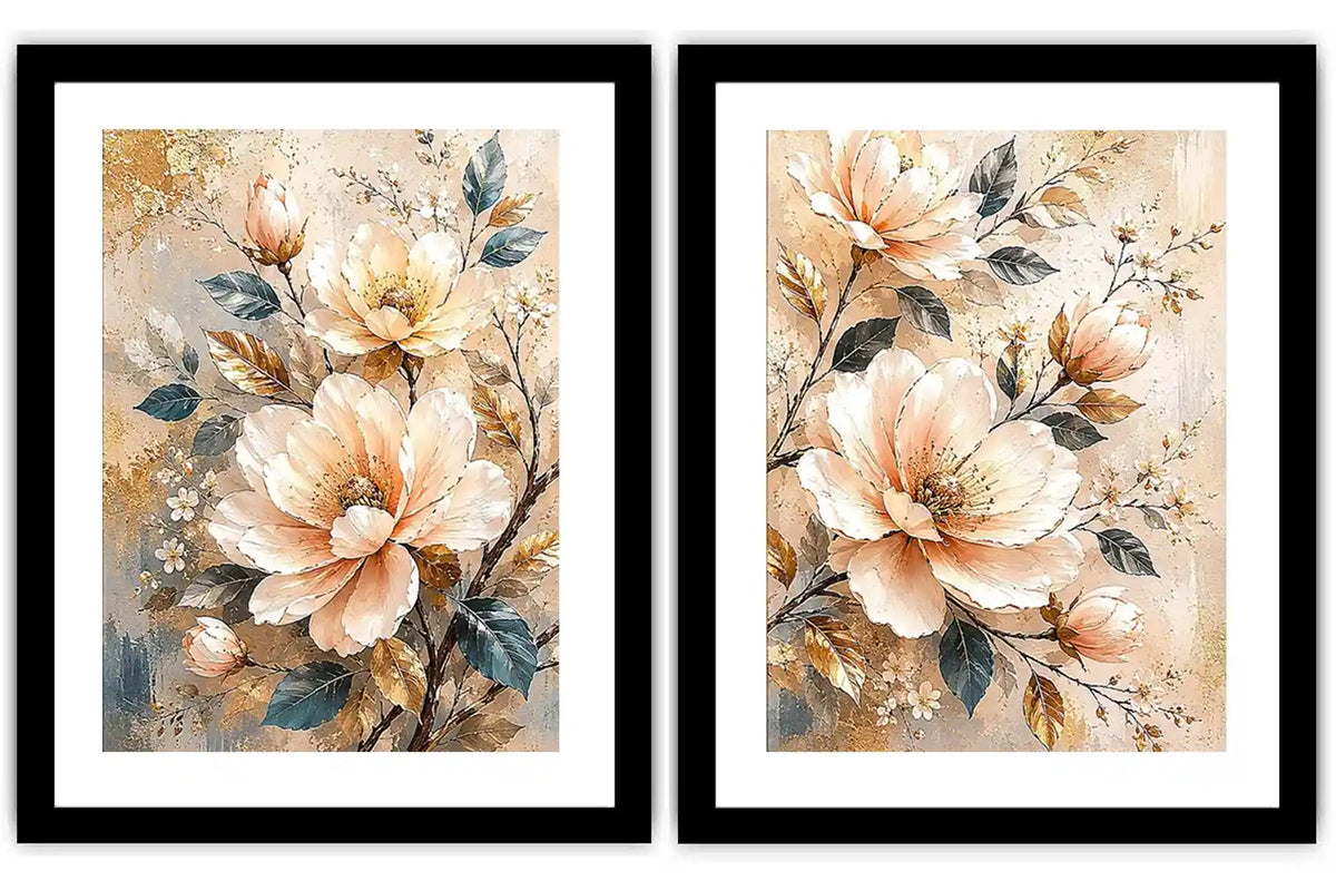 Champagne floral diptych canvas art with botanical leaves for luxury living room decor