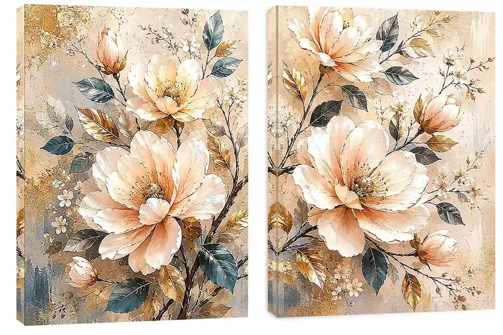 Champagne floral diptych canvas art with botanical leaves for luxury living room decor