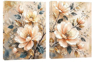 Champagne floral diptych canvas art with botanical leaves for luxury living room decor