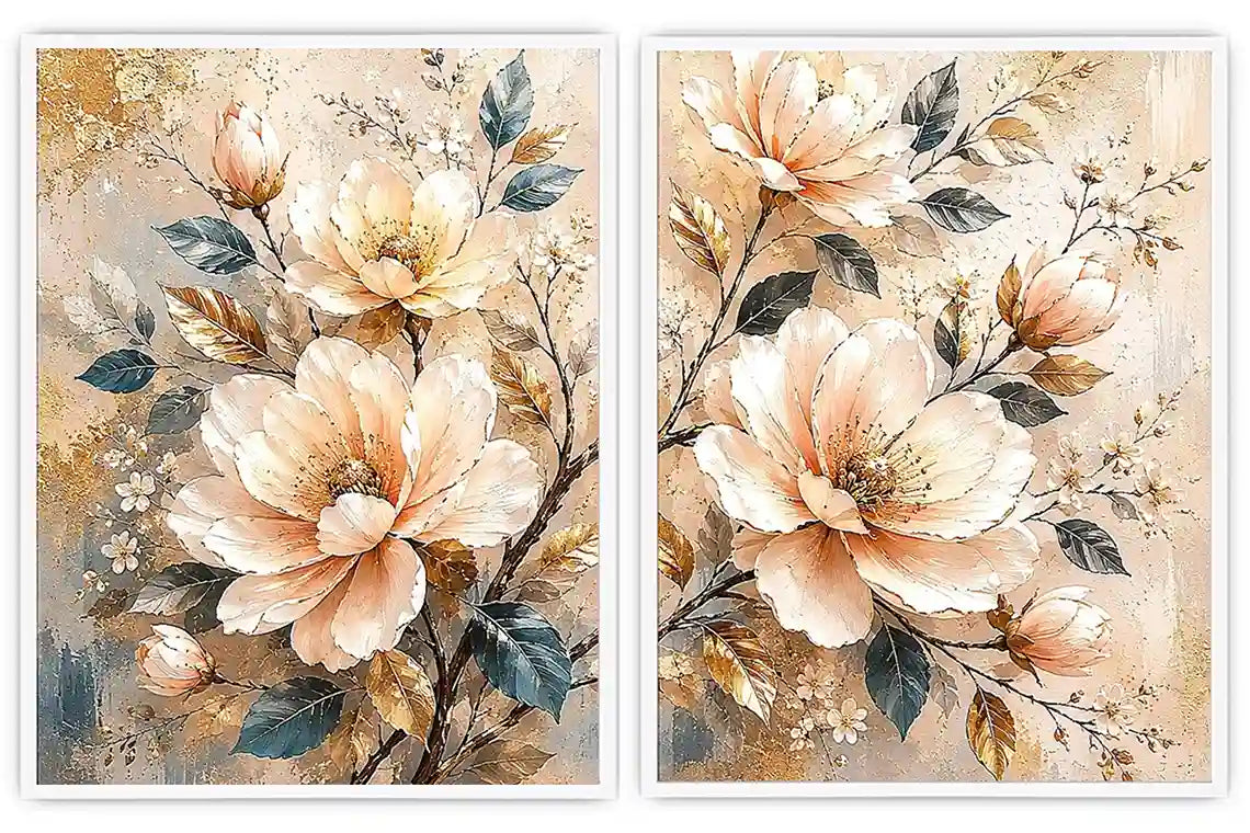 Champagne floral diptych canvas art with botanical leaves for luxury living room decor
