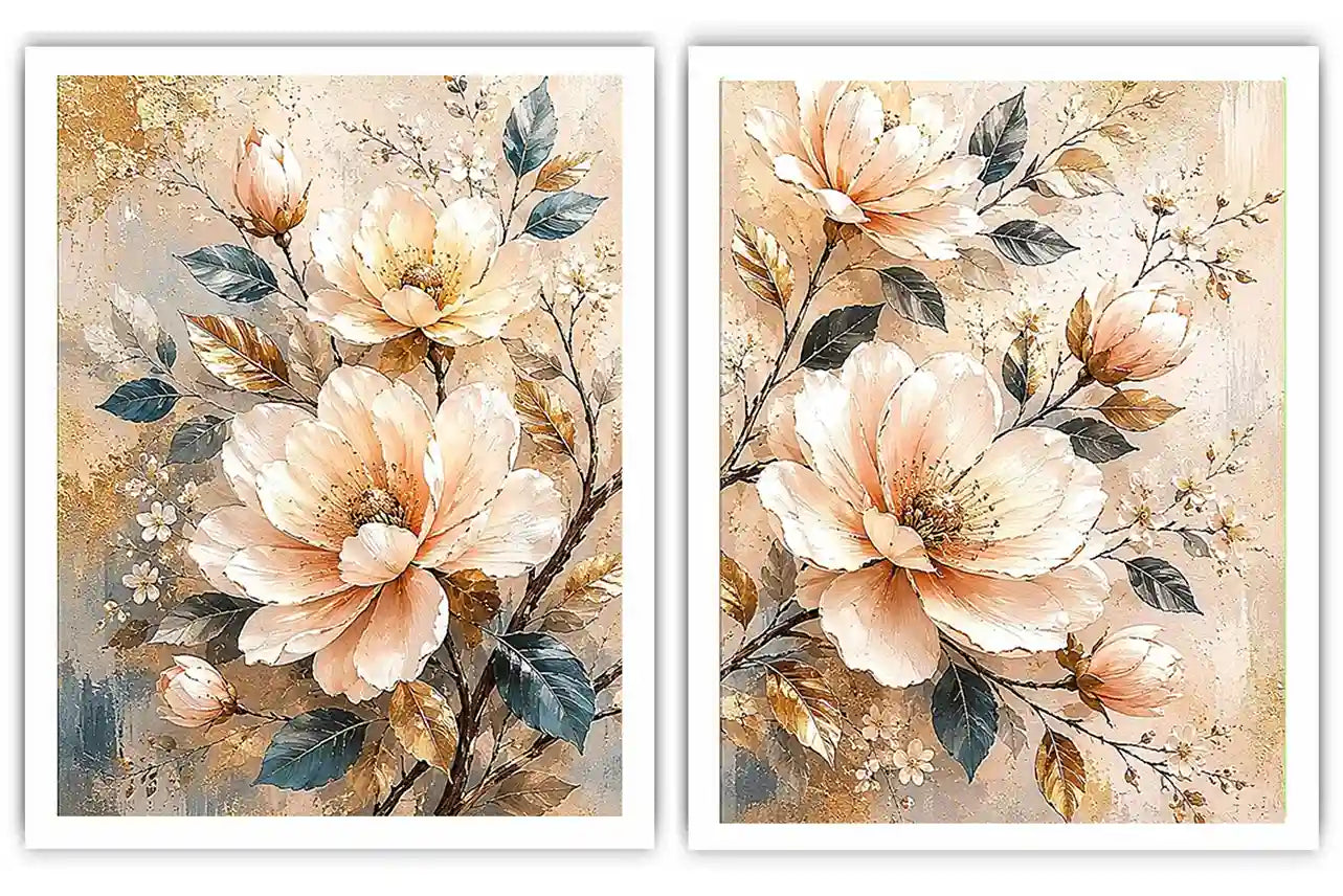 Champagne floral diptych canvas art with botanical leaves for luxury living room decor