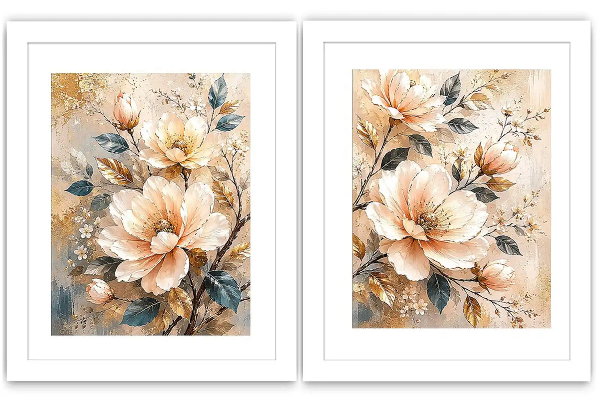 Champagne floral diptych canvas art with botanical leaves for luxury living room decor