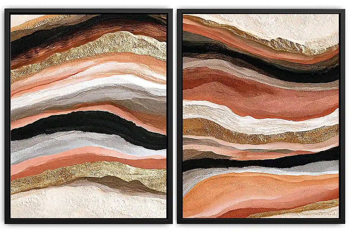 Terracotta abstract canvas art with black and gold flowing bands for modern living rooms.