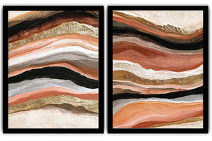 Terracotta abstract canvas art with black and gold flowing bands for modern living rooms.