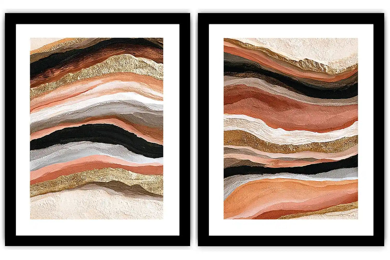 Terracotta abstract canvas art with black and gold flowing bands for modern living rooms.