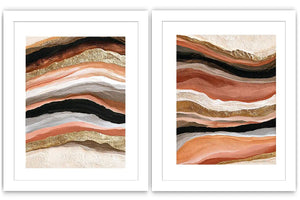 Terracotta abstract canvas art with black and gold flowing bands for modern living rooms.