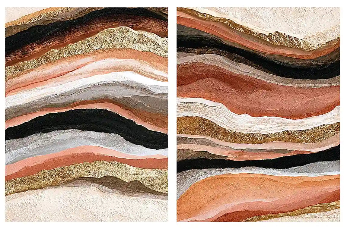 Terracotta abstract canvas art with black and gold flowing bands for modern living rooms.