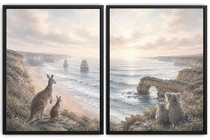 Australian kangaroo and koala coastal canvas art for calm living room decor.
