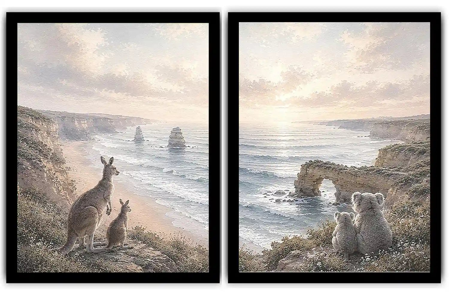 Australian kangaroo and koala coastal canvas art for calm living room decor.