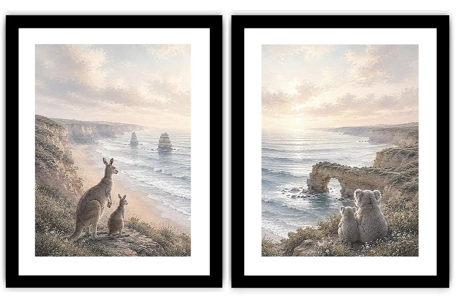 Australian kangaroo and koala coastal canvas art for calm living room decor.