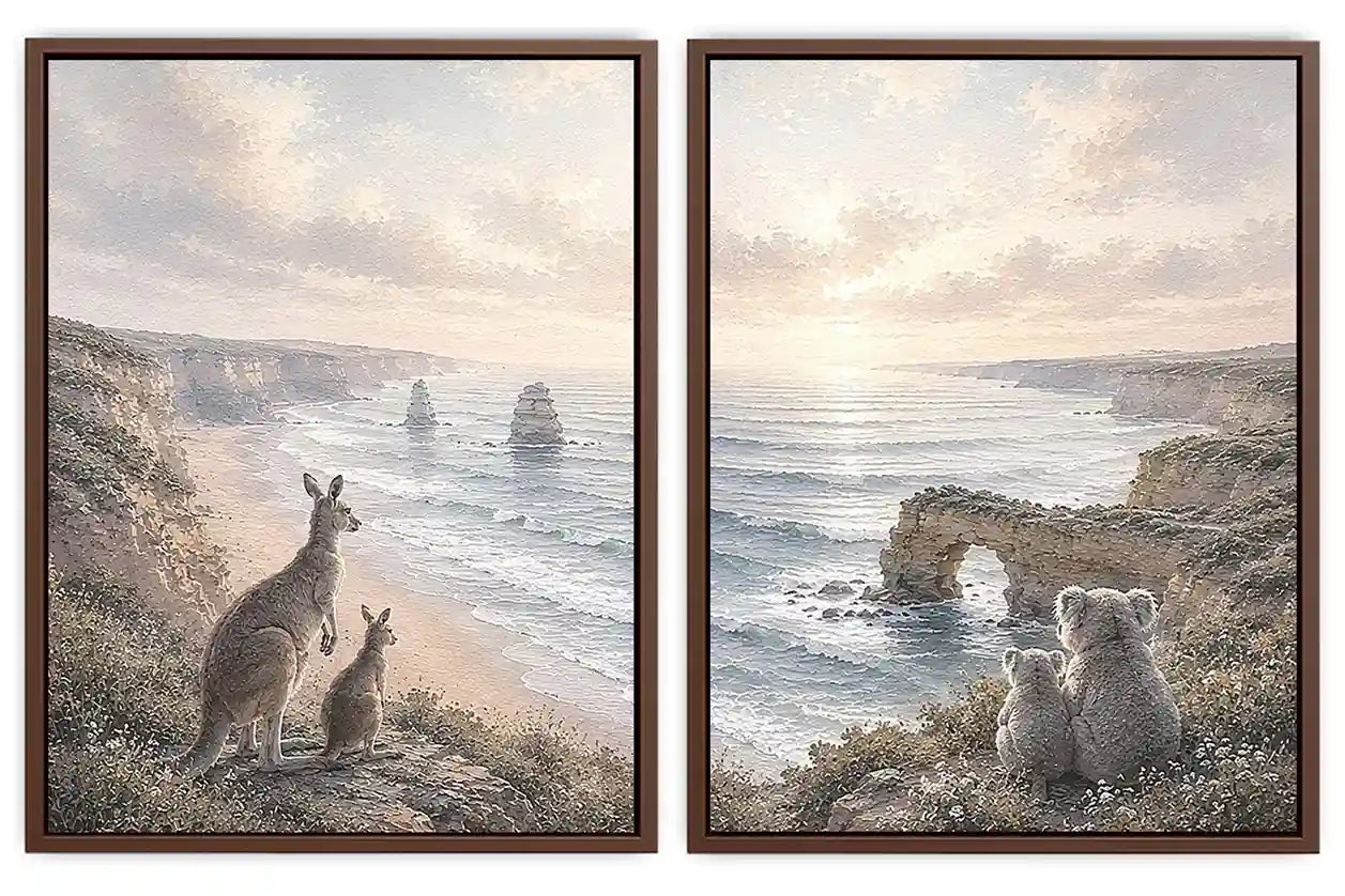 Australian kangaroo and koala coastal canvas art for calm living room decor.