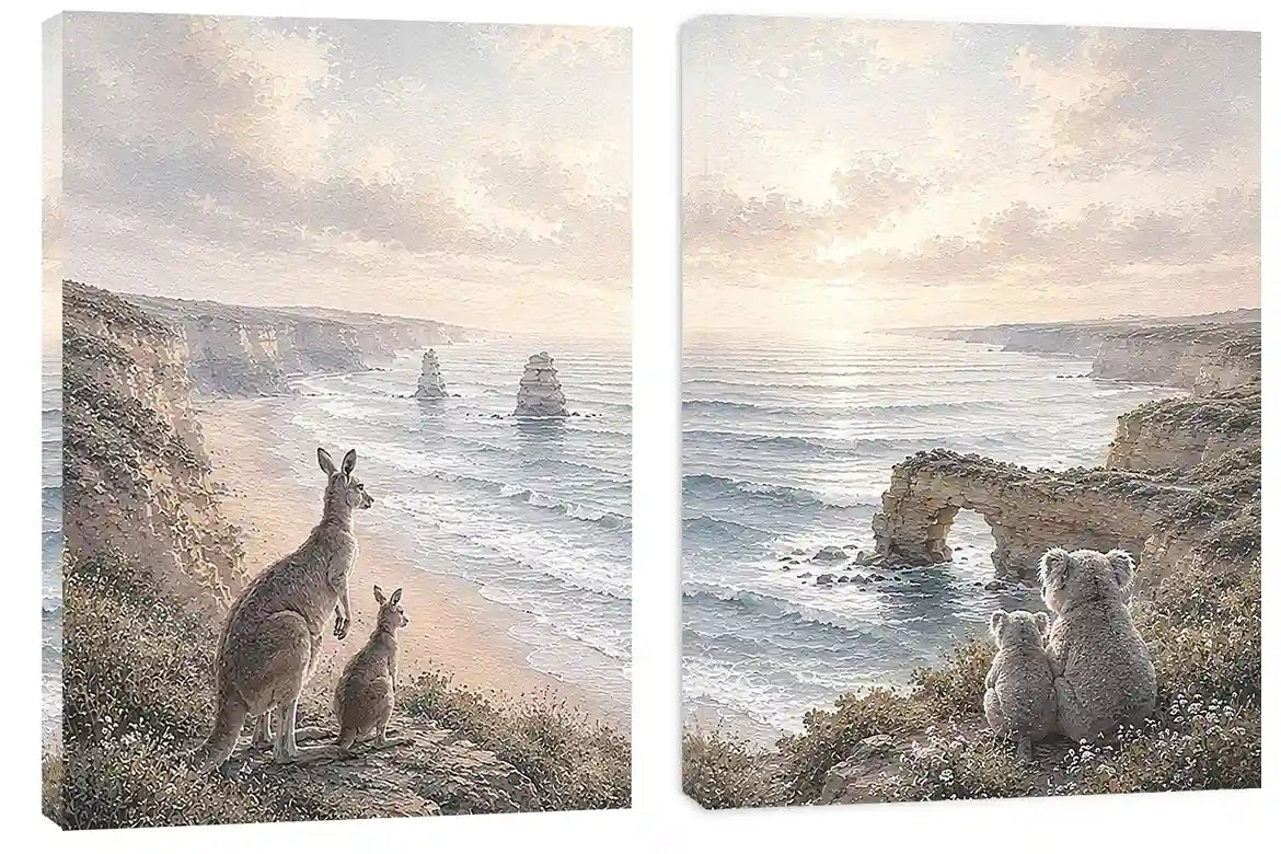 Australian kangaroo and koala coastal canvas art for calm living room decor.