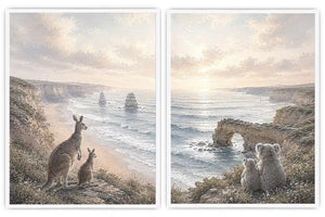 Australian kangaroo and koala coastal canvas art for calm living room decor.