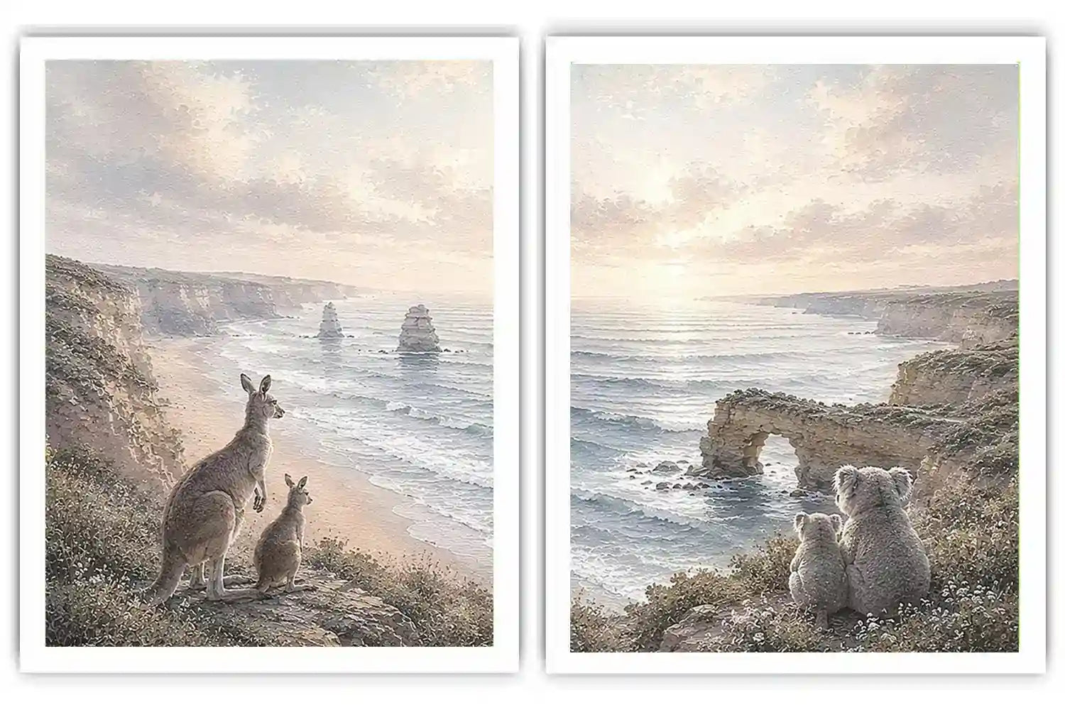 Australian kangaroo and koala coastal canvas art for calm living room decor.