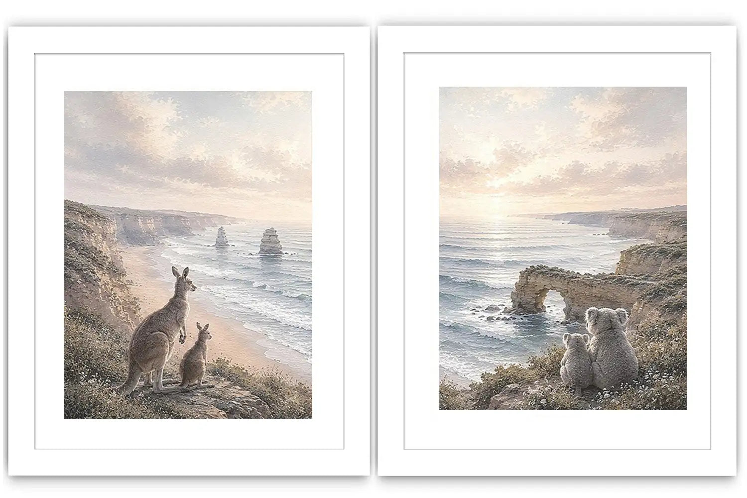 Australian kangaroo and koala coastal canvas art for calm living room decor.