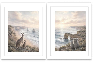 Australian kangaroo and koala coastal canvas art for calm living room decor.