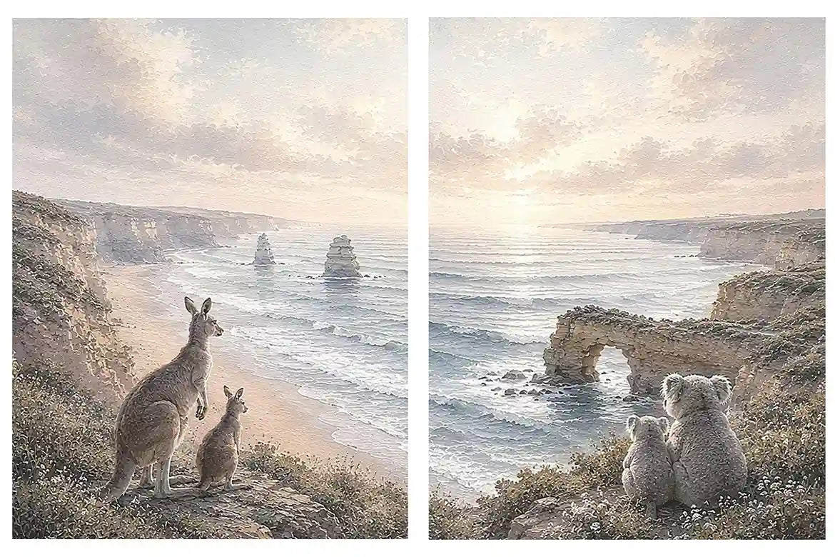 Australian kangaroo and koala coastal canvas art for calm living room decor.