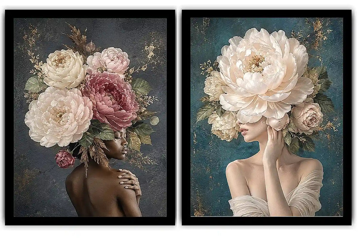 Elegant floral portrait canvas art with peonies for luxury bedroom decor.