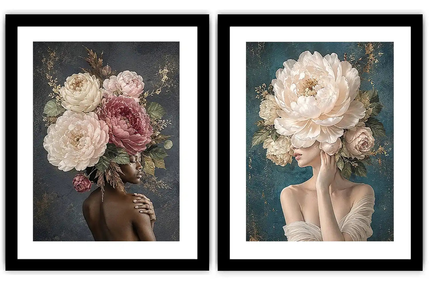 Elegant floral portrait canvas art with peonies for luxury bedroom decor.