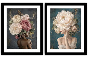Elegant floral portrait canvas art with peonies for luxury bedroom decor.
