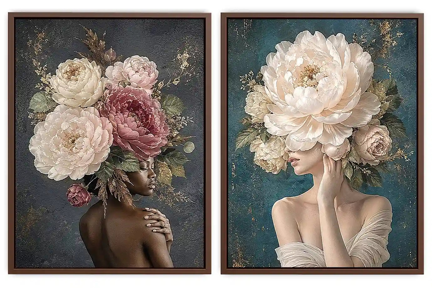 Elegant floral portrait canvas art with peonies for luxury bedroom decor.