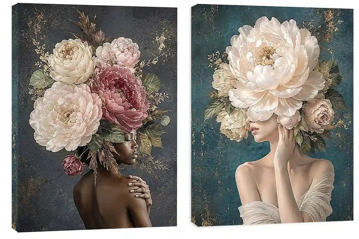 Elegant floral portrait canvas art with peonies for luxury bedroom decor.