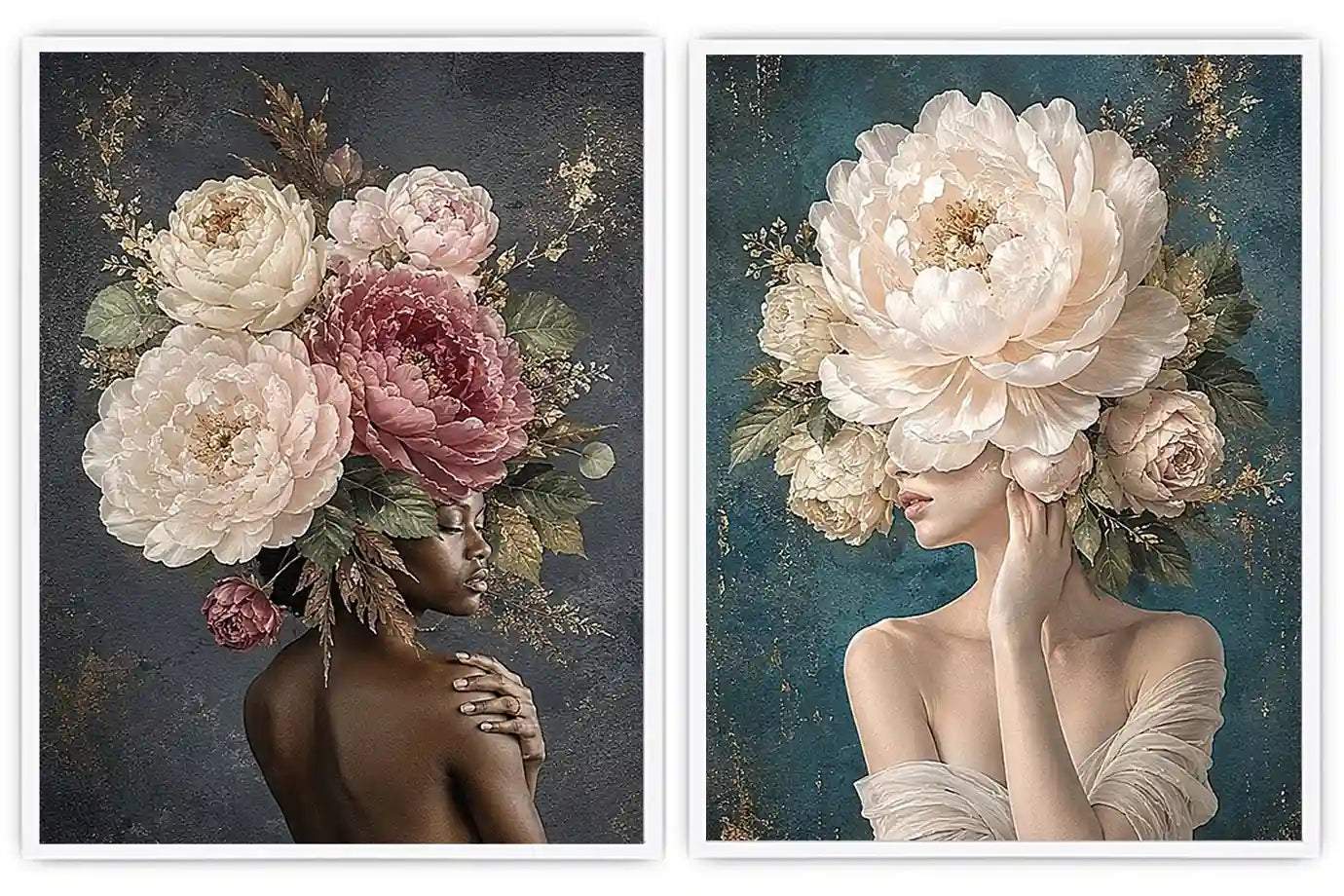 Elegant floral portrait canvas art with peonies for luxury bedroom decor.