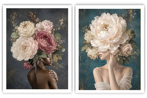 Elegant floral portrait canvas art with peonies for luxury bedroom decor.