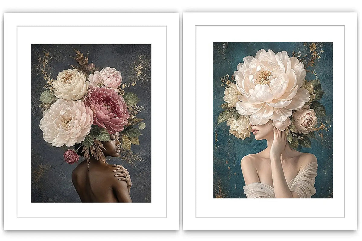 Elegant floral portrait canvas art with peonies for luxury bedroom decor.
